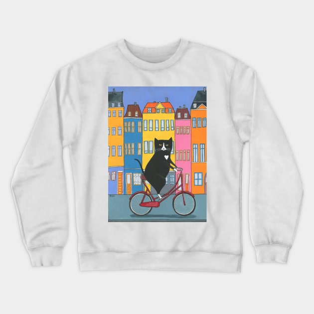 Tuxedo Cat Copenhagen Bicycle Ride Crewneck Sweatshirt by KilkennyCat Art